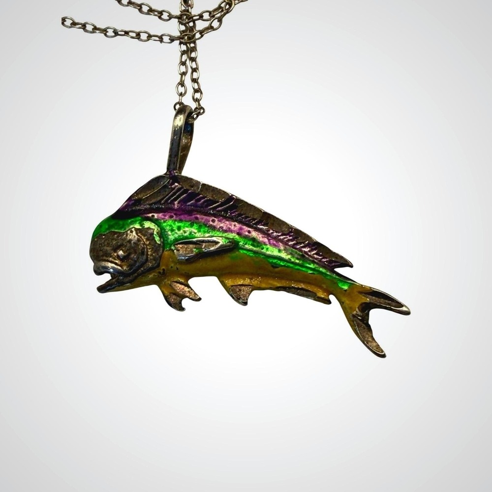 Vintage 925 Sterling Silver Enamel  Dolphin Fish Pendant Necklace 20 Inch Italy